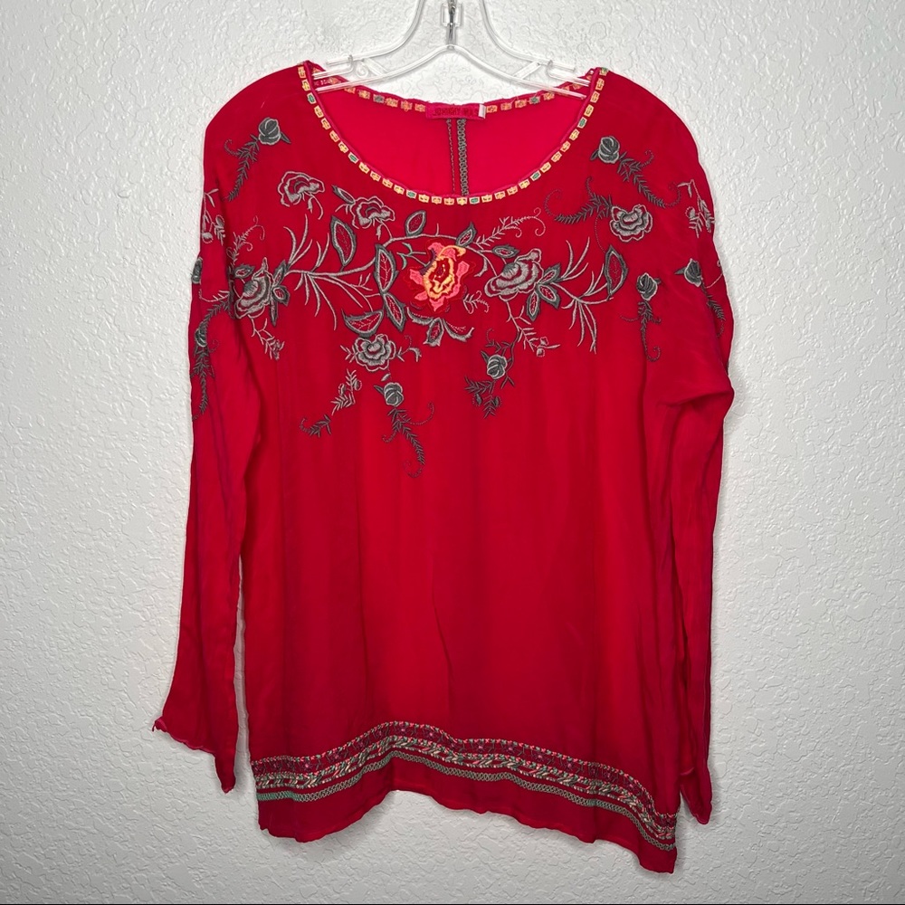 Johnny Was Womens Embroidered Floral Pink Tunic Swing Top Small Shirt Blouse